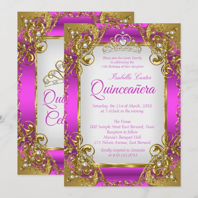 Quinceanera Magenta Golden Pearl Tiara Party Invitation (Front/Back)