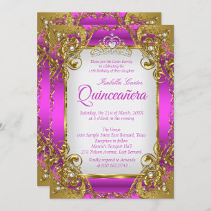 Quinceanera Magenta Golden Pearl Tiara Party Invitation