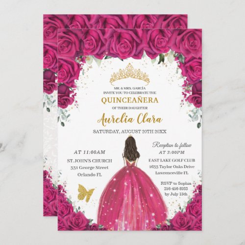 Quinceaera Magenta Hot Pink Floral Princess Gold  Invitation