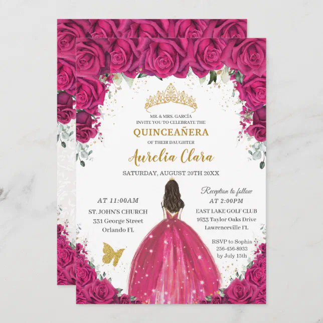 Quinceañera Magenta Hot Pink Floral Princess Gold Invitation | Zazzle