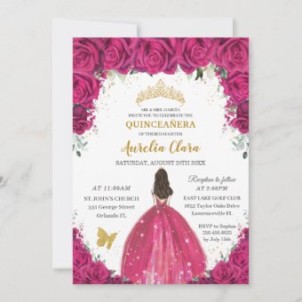 Quinceañera Magenta Hot Pink Floral Princess Gold Invitation 