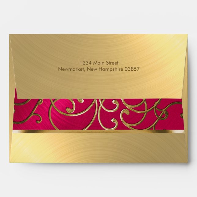 Quinceanera Magenta Pink and Gold Filigree Swirls Envelope (Back (Top Flap))