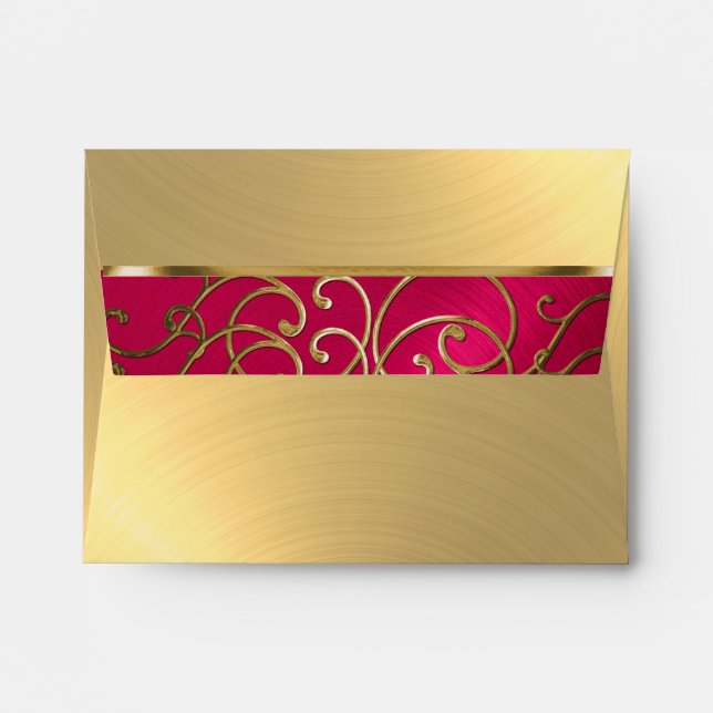 Quinceanera Magenta Pink and Gold Filigree Swirls Envelope (Back (Top Flap))