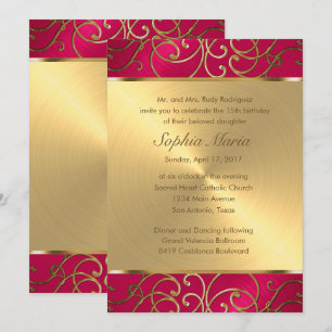 Quinceanera Magenta Pink and Gold Filigree Swirls Invitation