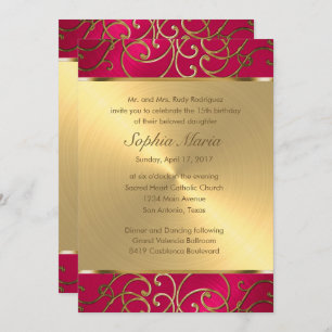 Quinceanera Magenta Pink and Gold Filigree Swirls Invitation
