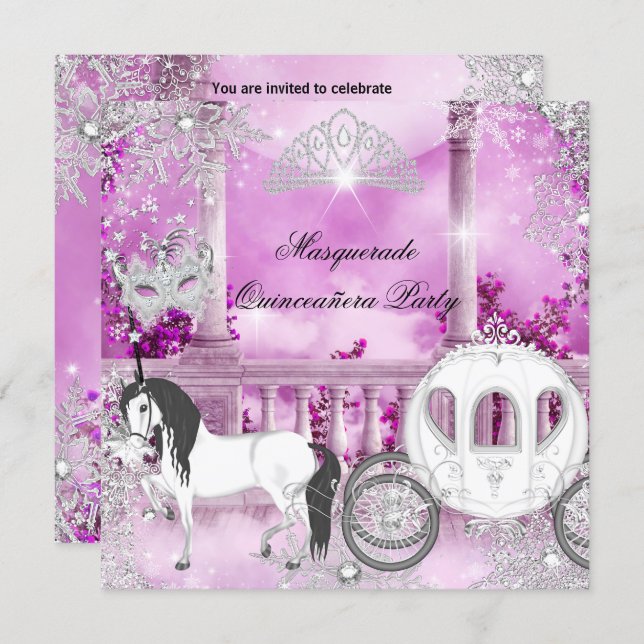 Quinceanera Magical Princess Pink Horse Carriage Invitation (Front/Back)