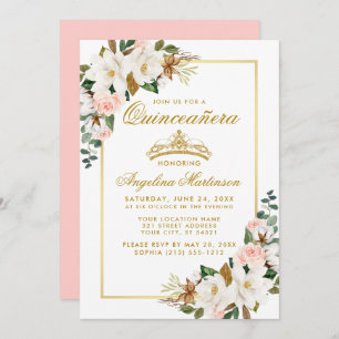 Quinceanera Magnolia Pink Roses Floral Gold Invitation
