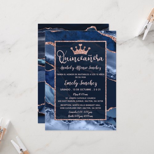 Quinceaera Marble Agate Navy Blue Photo Spanish Invitation