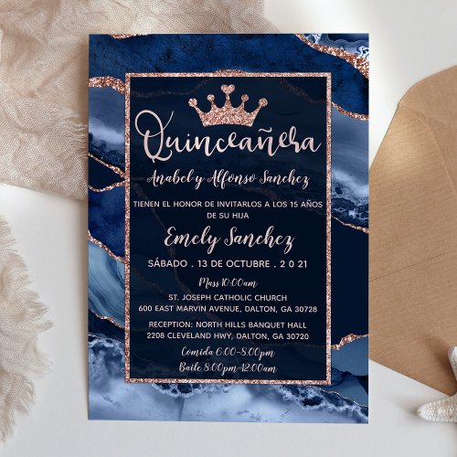 Quinceaera Marble Agate Navy Blue Photo Spanish Invitation