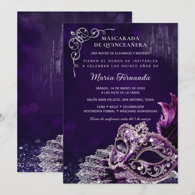 Quinceañera Mascarada Morado Plata Elegante Invitation (Front/Back)