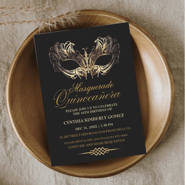 Quinceañera mask black gold Masquerade Birthday  Invitation (Creator Uploaded)