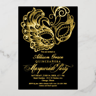 Quinceanera Masquerade Black Gold Foil Invitation