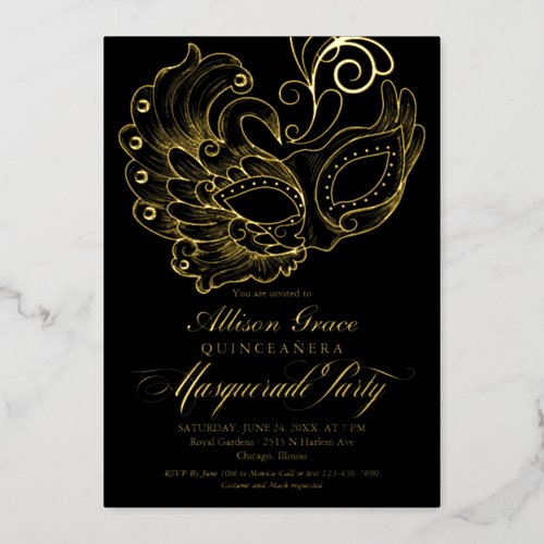 Quinceanera Masquerade Black Gold  Foil Invitation