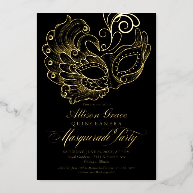 Quinceanera Masquerade Black Gold  Foil Invitation (Front)