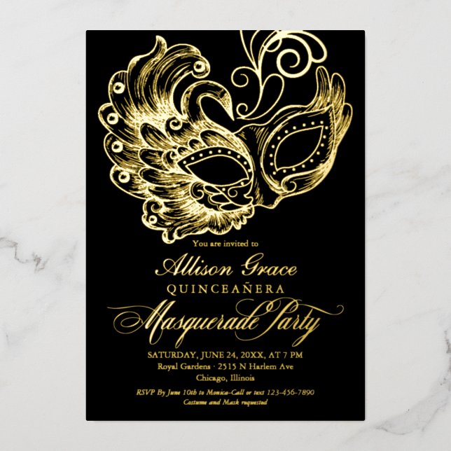 Quinceanera Masquerade Black Gold  Foil Invitation (Front)