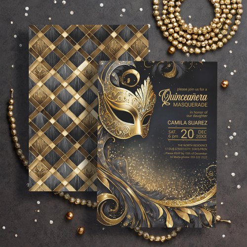 Quinceanera Masquerade Black Gold ID1031 Invitation