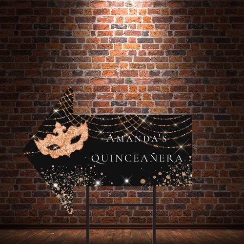 Quinceanera masquerade black gold mask arrow sign