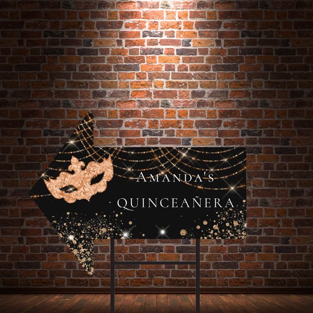 Quinceanera masquerade black gold mask arrow sign (Creator Uploaded)