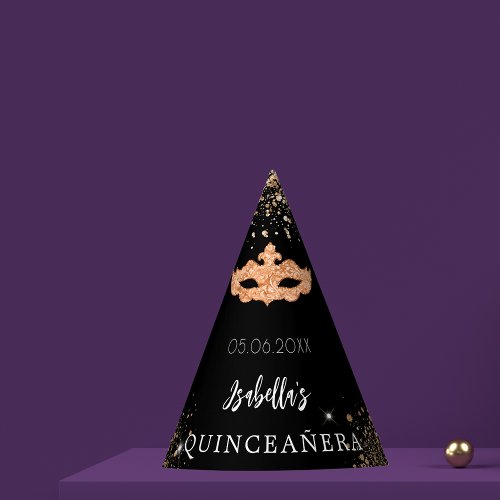 Quinceanera masquerade black gold mask name party hat