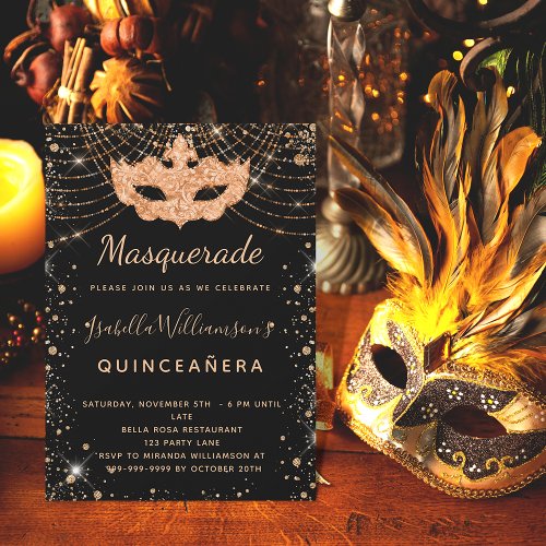 Quinceanera masquerade black purple glitter gold invitation