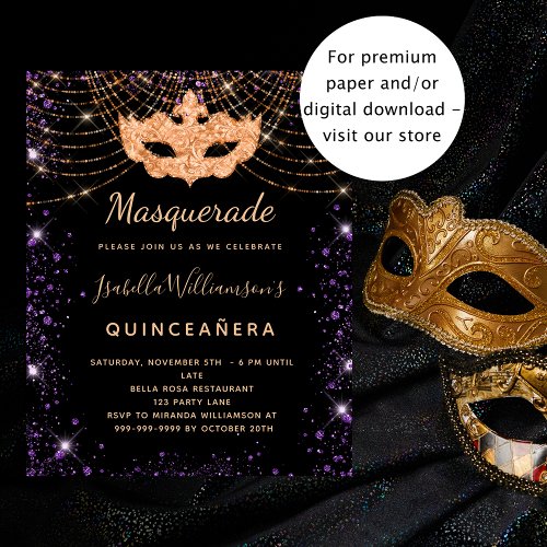 Quinceanera masquerade black purple invitation