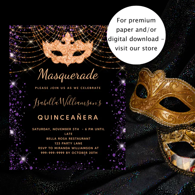 Quinceanera masquerade black purple invitation | Zazzle