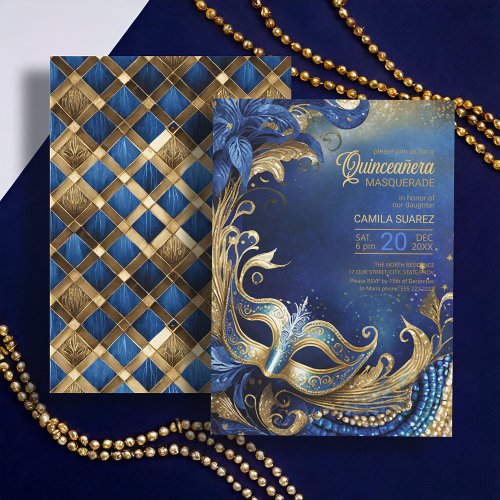 Quinceanera Masquerade Blue Gold ID1031 Invitation
