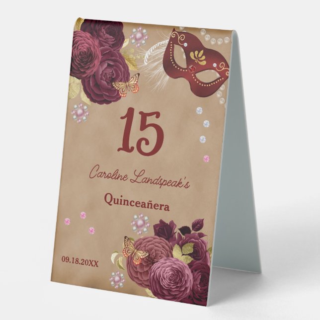 Quinceañera Masquerade, Burgundy English Roses Table Tent (Front)