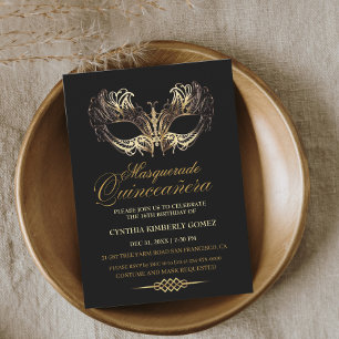 Quinceañera Masquerade Gold Black 16th Birthday  Invitation