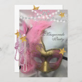 Quinceanera Masquerade Gold Glitter Pink Pearls Invitation (Front/Back)