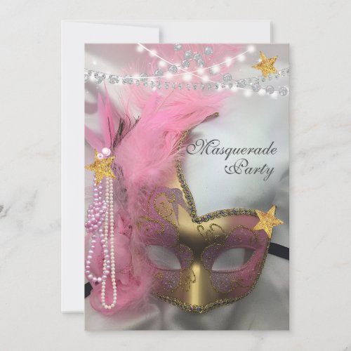 Quinceanera Masquerade Gold Glitter Pink Pearls Invitation