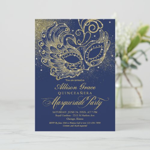 Quinceanera Masquerade Invitation Navy Blue Gold 