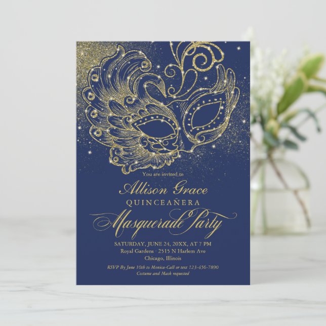 Quinceanera Masquerade Invitation Navy Blue Gold  (Standing Front)