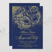 Quinceanera Masquerade Invitation Navy Blue Gold  (Front/Back)