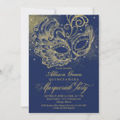 Quinceanera Masquerade Invitation Navy Blue Gold  (Front)