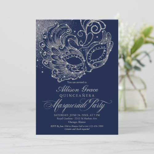 Quinceanera Masquerade Invitation Navy Blue Silver