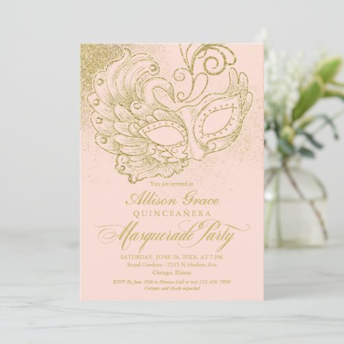 Quinceanera Masquerade Invitation Pink Gold 