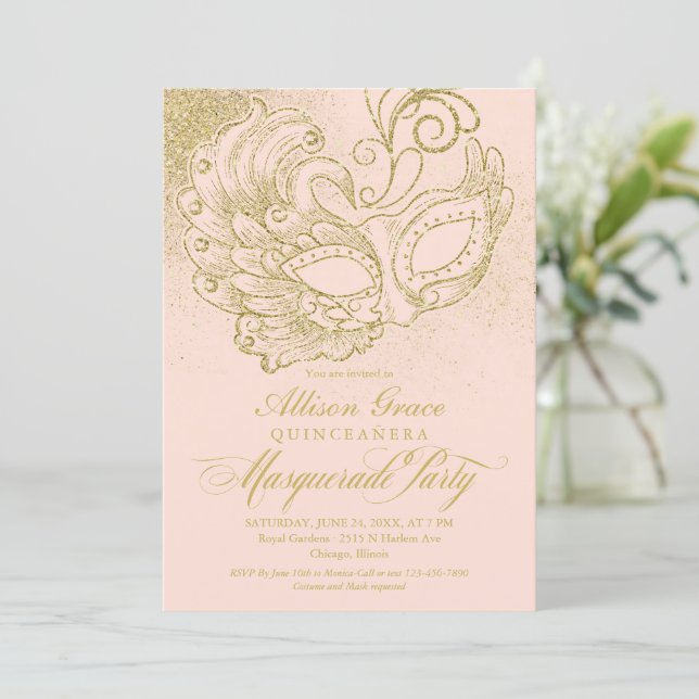 Quinceanera Masquerade Invitation Pink Gold  (Standing Front)