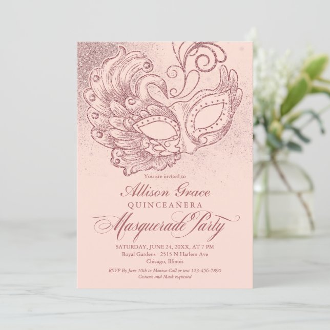 Quinceanera Masquerade Invitation Pink Rose Gold (Standing Front)