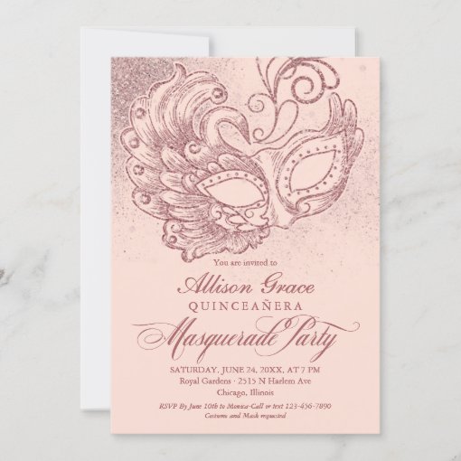 Quinceanera Masquerade Invitation Pink Rose Gold | Zazzle