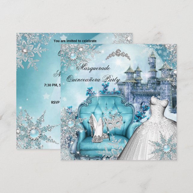 Quinceanera Masquerade Magical Princess Blue 2 Invitation (Front/Back)