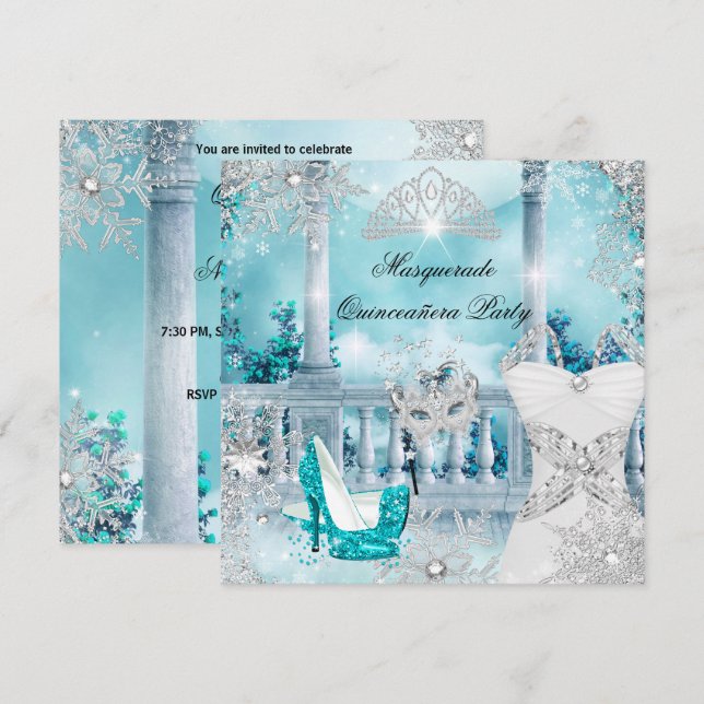 Quinceanera Masquerade Magical Princess Blue 3 Invitation (Front/Back)