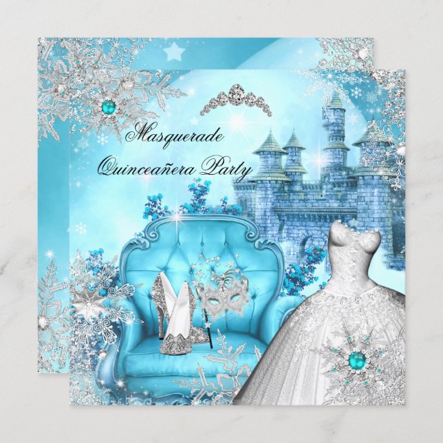 Quinceanera Masquerade Magical Princess Blue Teal Invitation (Front/Back)