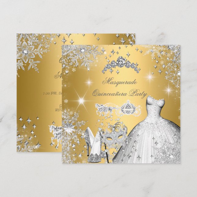 Quinceanera Masquerade Magical Princess Gold Invitation (Front/Back)