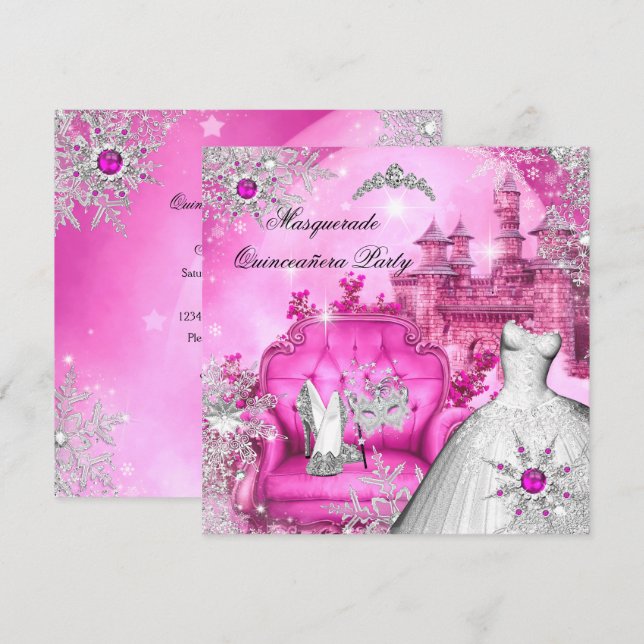 Quinceanera Masquerade Magical Princess Hot Pink Invitation (Front/Back)