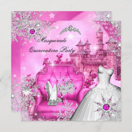 Quinceanera Masquerade Magical Princess Hot Pink Invitation