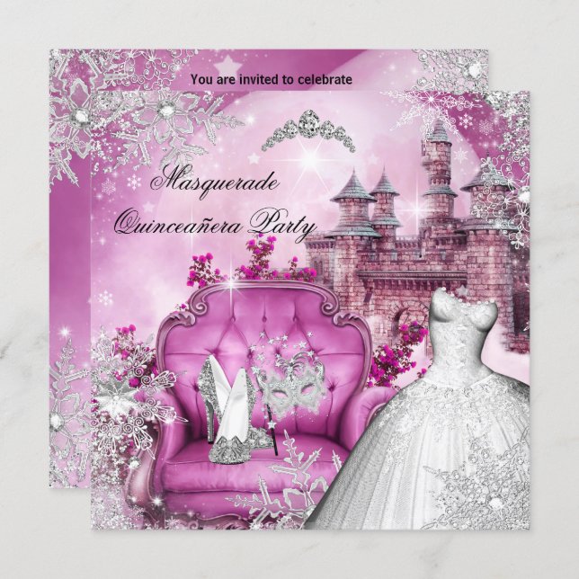 Quinceanera Masquerade Magical Princess Pink Invitation (Front/Back)