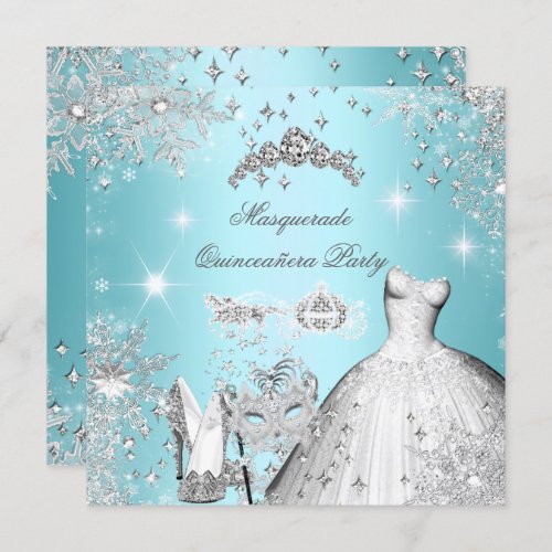 Quinceanera Masquerade Magical Princess Teal Blue Invitation