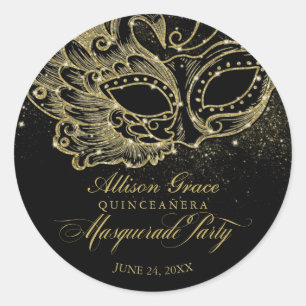 Quinceanera Masquerade Party Gold Black Classic Round Sticker