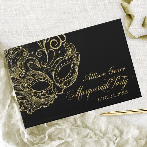 Quinceanera Masquerade Party Gold Black Guest Book